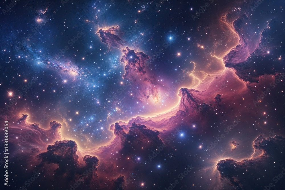 Poster galactic display of vivid nebula formations and sparkling constellations in a lush universe