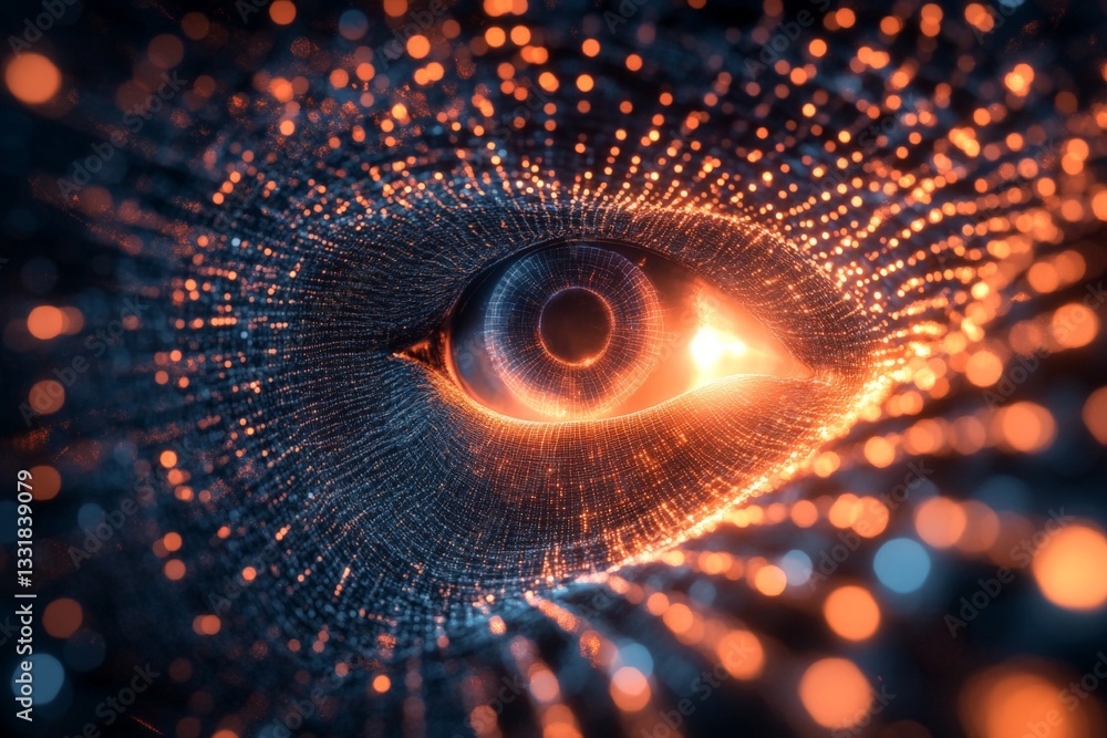Poster Intricate visualization of a digital eye surrounded by shimmering particles in various colors