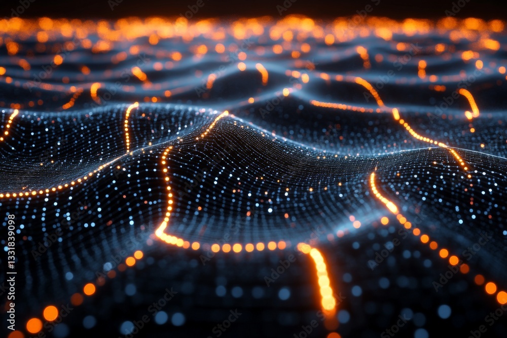 Poster Digital landscape with glowing dots creating wave patterns in a futuristic setting