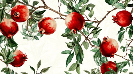 Fototapeta premium Red pomegranates on the tree with white background, green leaves