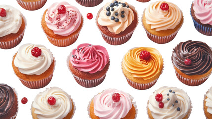 Delicious cupcakes with various frosting and toppings arranged on a bright background, perfect for dessert lovers