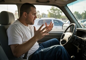 Frustrated Man Yelling While Driving in Car with Traffic Jam