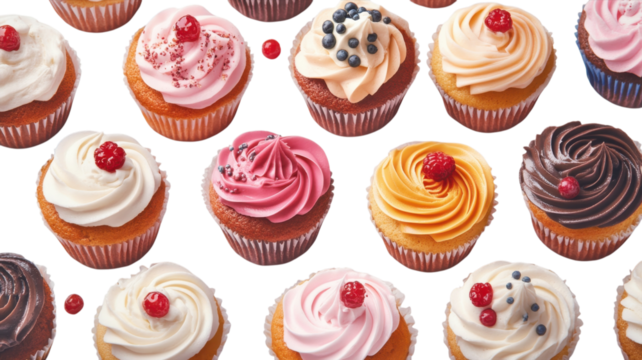 Delicious cupcakes with various frosting and toppings arranged on a bright background, perfect for dessert lovers