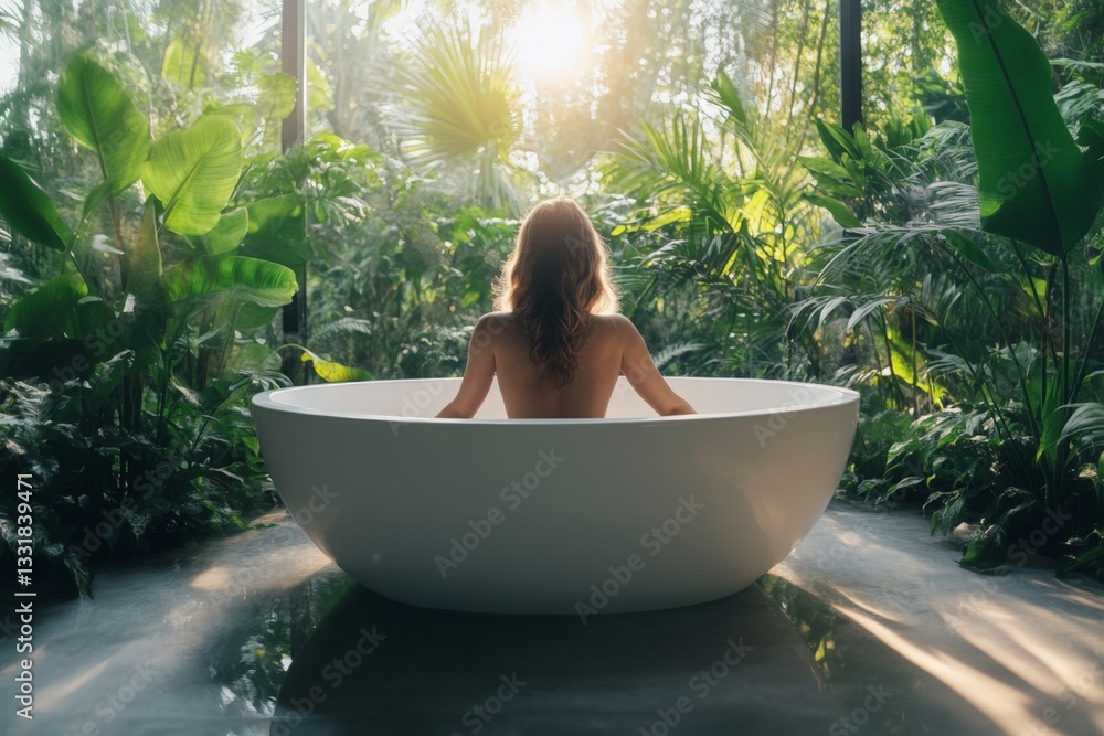 Poster serenity in nature as a woman relaxes in a sleek bathtub surrounded by lush greenery in a tranquil s