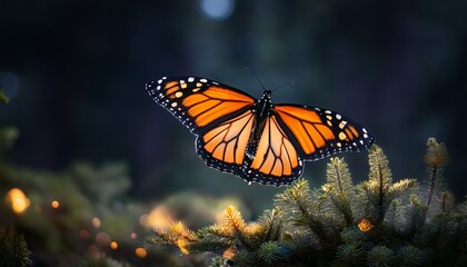 Fototapeta premium A monarch butterfly, its orange and black wings glowing softly, stands out against the dark background of the night, exuding a sense of delicate beauty and natural wonder