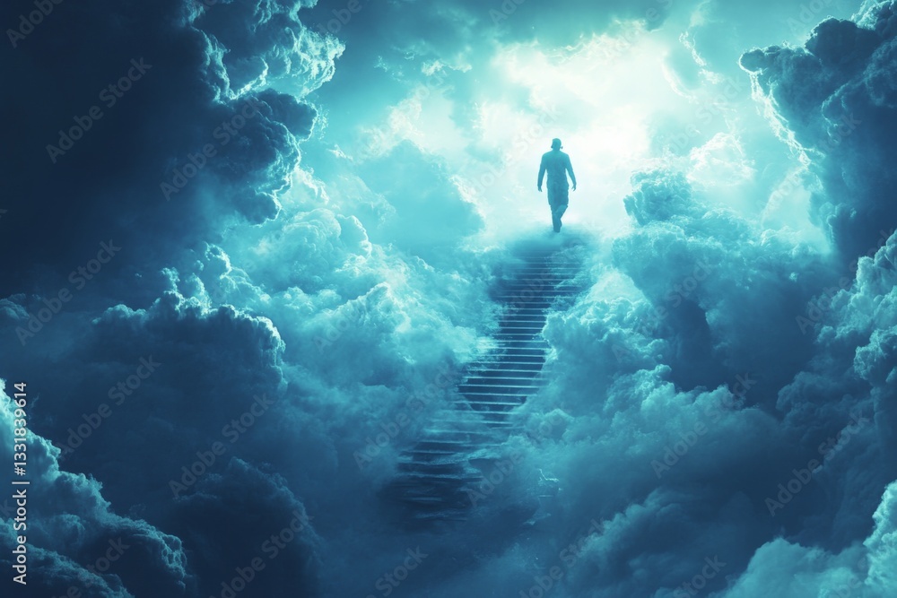 Aufkleber mysterious figure walking on stairs through clouds in an ethereal sky during twilight