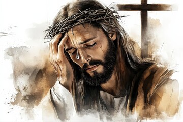 Crowning Moment of Emotion and Faith: Jesus with Crown of Thorns in Religious Art Painting. Digital watercolor illustration