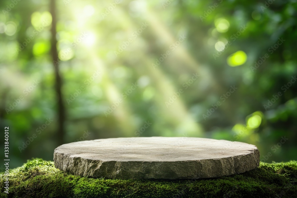 Aufkleber a wooden platform surrounded by lush greenery, illuminated by soft rays of light, creating a serene 