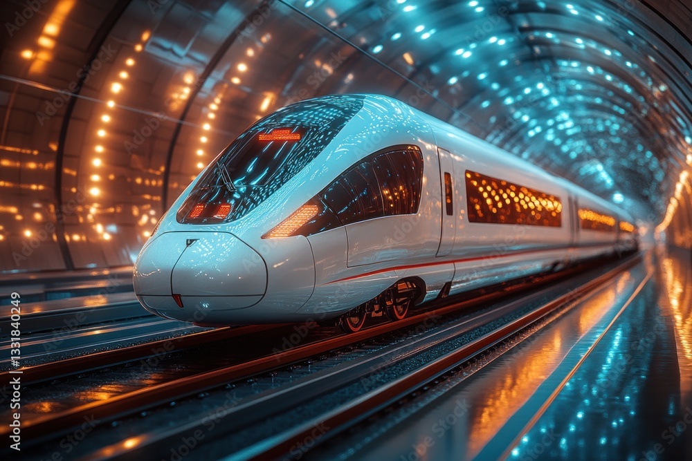 Poster High Speed Train in Illuminated Tunnel with Modern Architecture and Reflective Surfaces