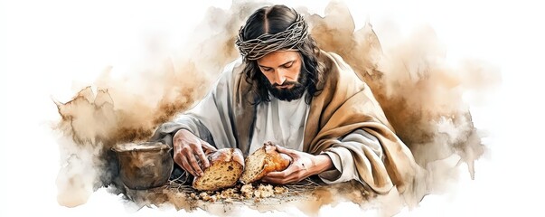 Breaking of Bread Communion: Jesus in Biblical Sacrifice and Christian Art Illustration. Digital watercolor illustration