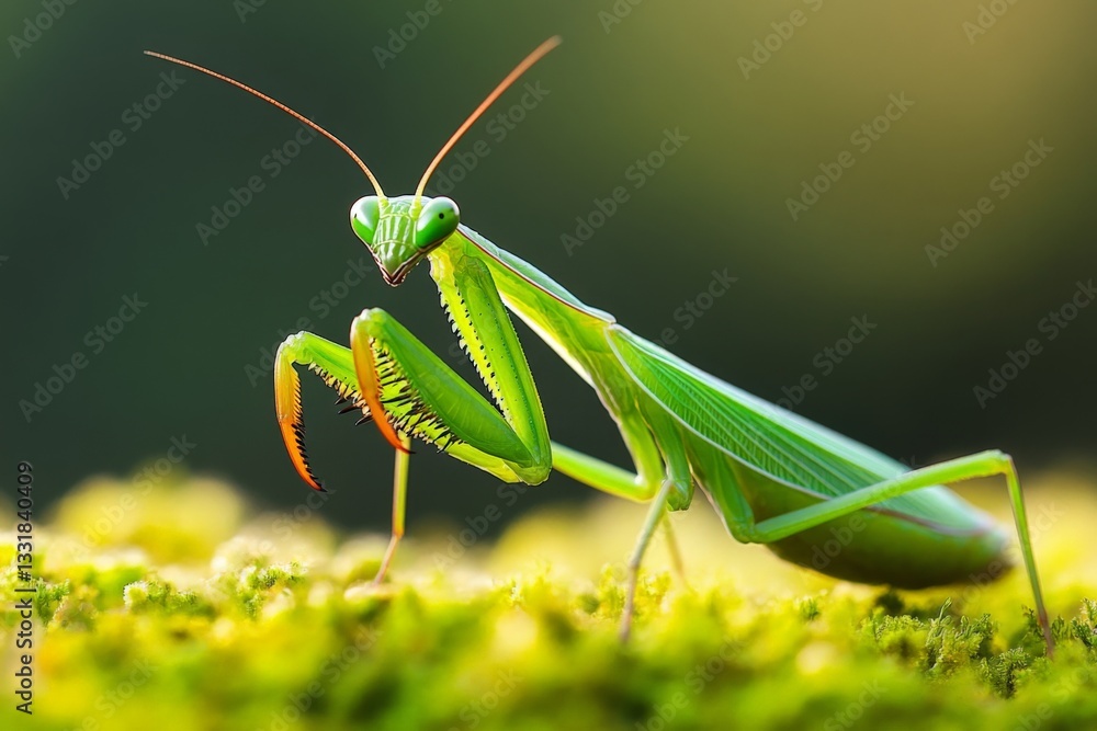Poster Detailed view of a green mantis resting on moss in a natural setting during daylight