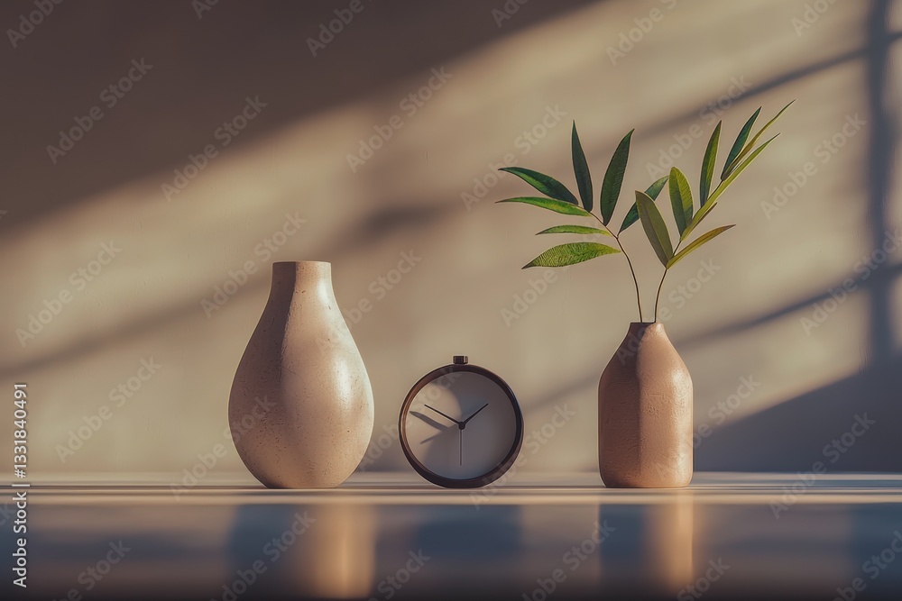 Poster minimalist still life featuring two vases and a clock against a neutral wall with striking shadows, 