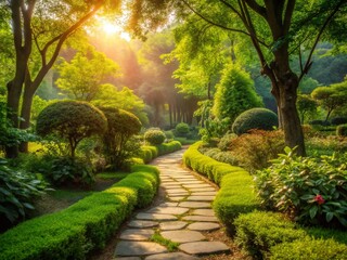 Obraz premium Serene Garden Path: Tranquil Landscape Photography, Lush Greenery, Winding Walkway, Nature Escape