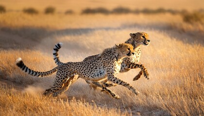 A pair of cheetahs race across the African steppe, their lean bodies and long legs giving them incredible speed as they chase their prey, showcasing the elegance and power of the fastest land animal.
