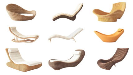 Elegant and modern lounge chairs arranged in diverse designs and colors ideal for outdoor spaces and relaxation
