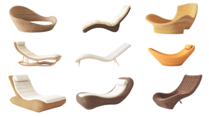 Elegant and modern lounge chairs arranged in diverse designs and colors ideal for outdoor spaces and relaxation