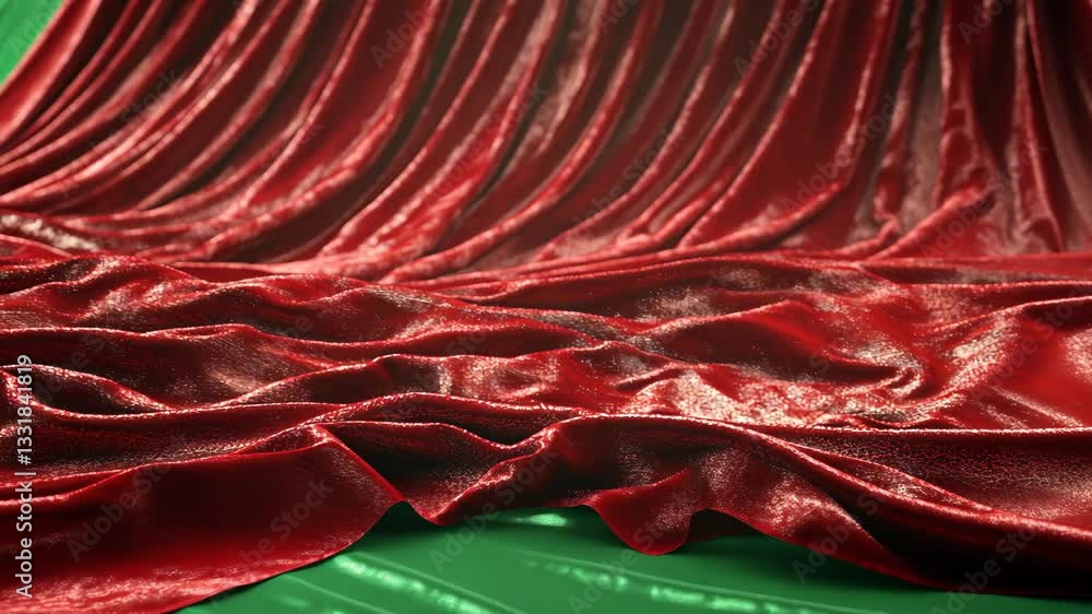 Aufkleber red velvet fabric draped elegantly in soft folds with a smooth green background creating a vibrant c