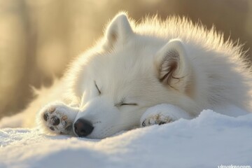 Fototapeta premium Snowy samoyed dog peacefully sleeping under warm sunlight in a winter landscape