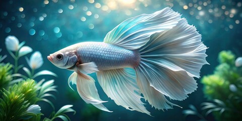 Fototapeta premium Stunning White Betta Fish, Flowing Fins, Underwater Scene, High Depth of Field, Aquatic Life Photography