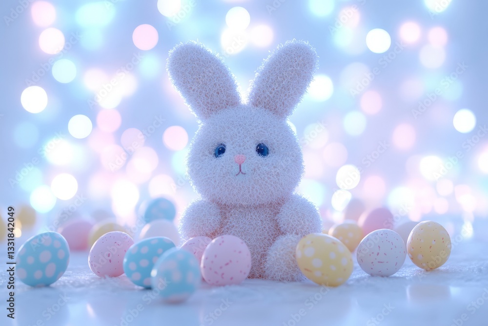 Aufkleber Soft bunny surrounded by pastel Easter eggs with a colorful bokeh background at a festive spring setting
