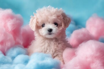 Cute fluffy puppy surrounded by pastel cotton candy clouds in a cozy indoor setting during daylight