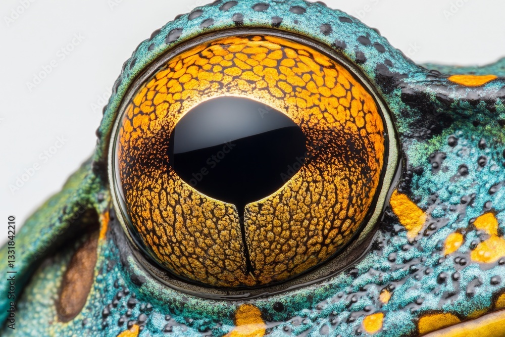 Poster close-up view of vibrant frog eye showcasing intricate patterns and colors in natural light