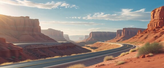 Scenic desert highway winding through canyons under sunny sky.
