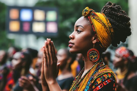 A solemn gathering of people, with a striking African woman in the foreground, eyes raised in reverence, offering hope and strength through prayer and unity.