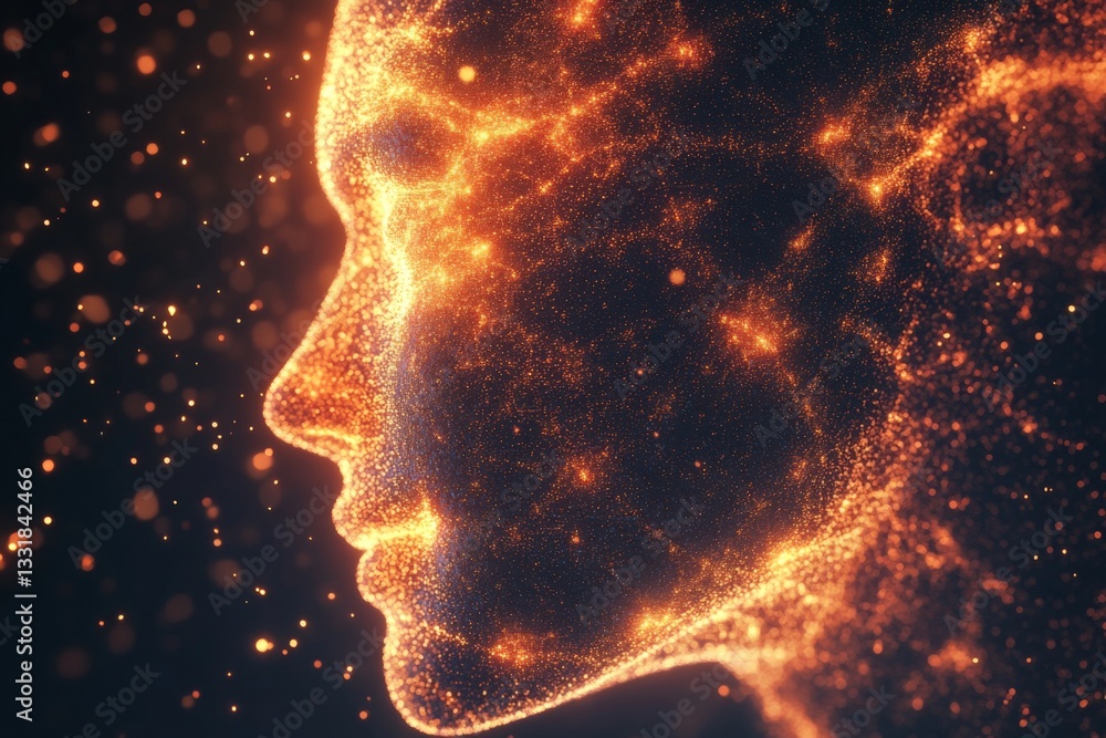 Aufkleber illuminated silhouette of a human face composed of sparkling particles against a dark backdrop