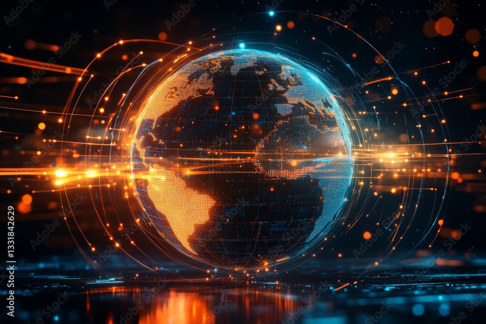 Poster Digital representation of Earth with glowing data streams, symbolizing global connectivity and technology in a futuristic setting