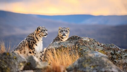 A pair of snow leopards hide among the rocky terrain of the steppe, their spotted coats blending with the environment, eyes keenly scanning the surroundings, poised and alert