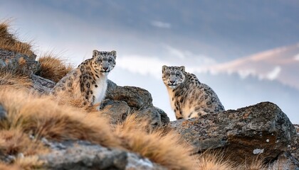 A pair of snow leopards hide among the rocky terrain of the steppe, their spotted coats blending with the environment, eyes keenly scanning the surroundings, poised and alert
