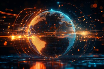 Fototapeta premium Digital representation of Earth with glowing data streams, symbolizing global connectivity and technology in a futuristic setting