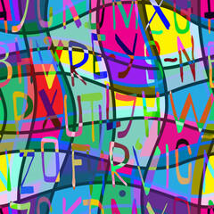 Colorful seamless pattern. Abstract background with letters and curved lines. Design for fabrics and wallpaper. Vector illustration.
