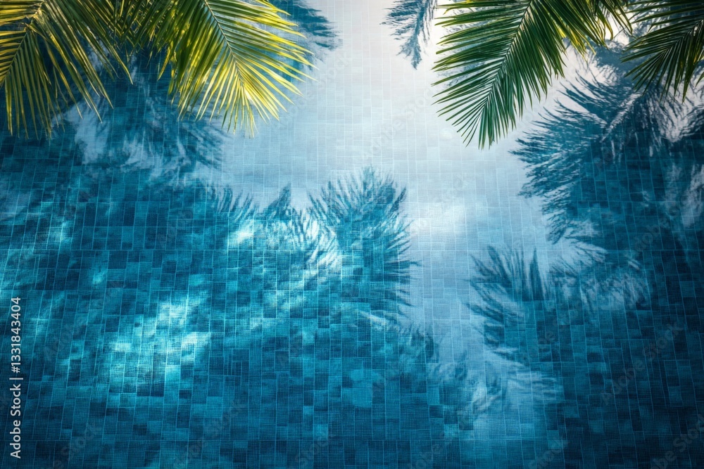 Poster Reflections of palm trees on a serene swimming pool surface during midday in a tropical setting