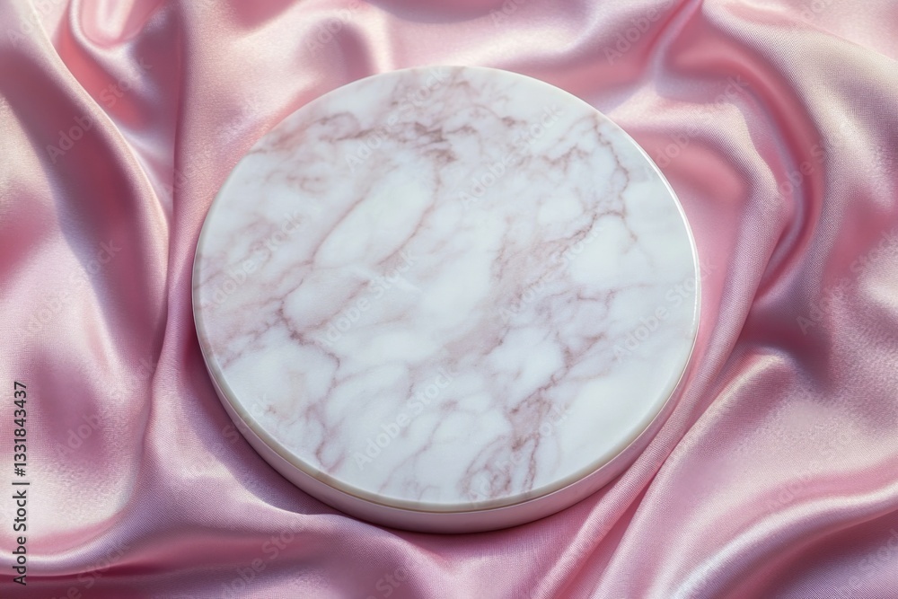 Aufkleber elegant marble round surface resting on soft pink silk fabric in a well-lit setting