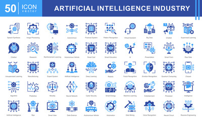 Artificial Intelligence Industry icon set featuring icons for AI, machine learning, automation, big data, and cybersecurity. Perfect for tech, robotics, and data-driven innovation projects.