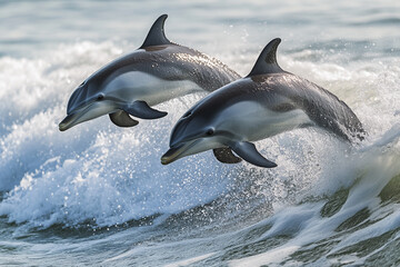 Fototapeta premium Two playful dolphins leaping joyfully over ocean waves sea jump blue grey water happy white photo