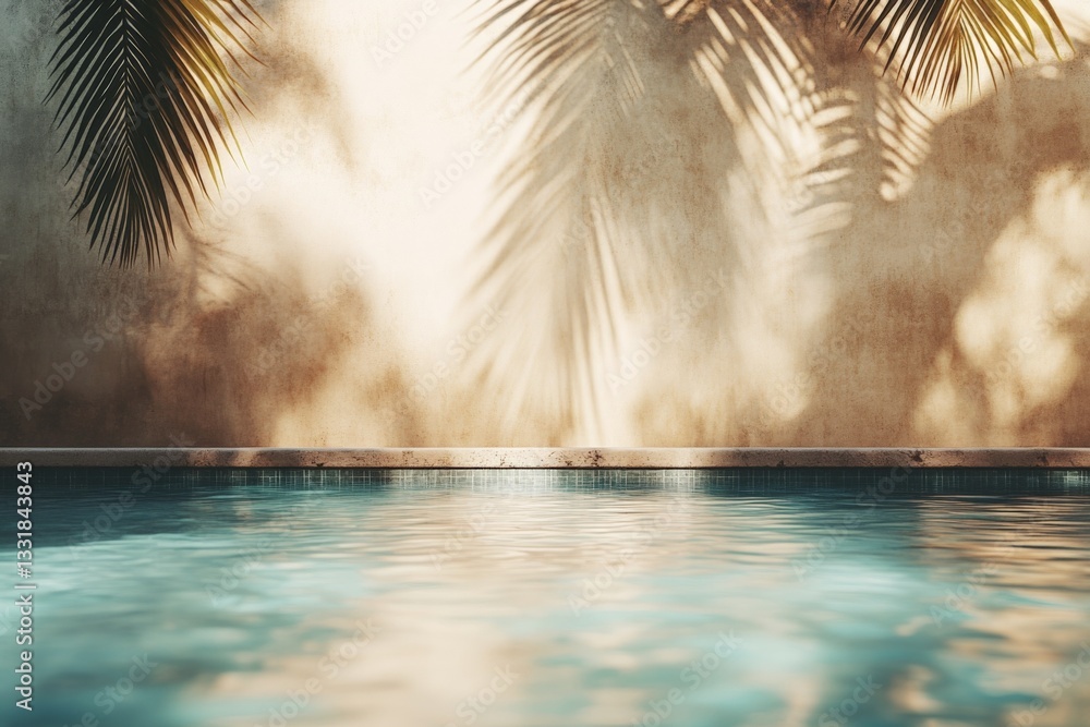 Poster tranquil reflection of palm leaves by a serene pool during golden hour in a peaceful garden setting