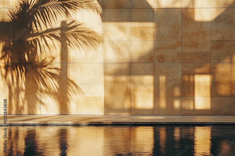 Poster Contemplative reflections of shadows and textures around a tranquil pool in a sunlit environment