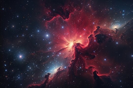 Enchanting Cosmos with Fiery Red Nebula and Celestial Illumination