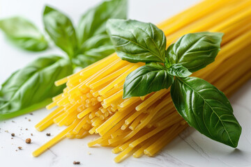 Spaghetti and basil isolated on white background. ,.    Generative AI