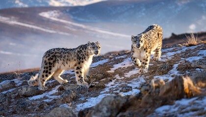 Two elusive snow leopards expertly hide among the rocks on the steppe, their piercing eyes scanning the rugged terrain, masters of camouflage in their harsh habitat.


