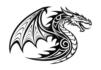 Tribal Dragon Tattoo – Black and White Vector Illustration with Fierce Tribal Elements