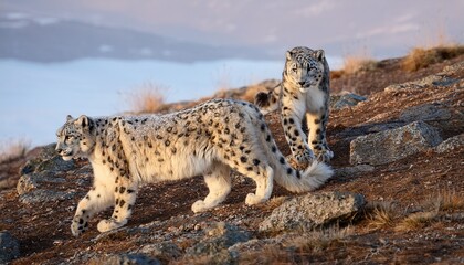 Two elusive snow leopards expertly hide among the rocks on the steppe, their piercing eyes scanning the rugged terrain, masters of camouflage in their harsh habitat.

