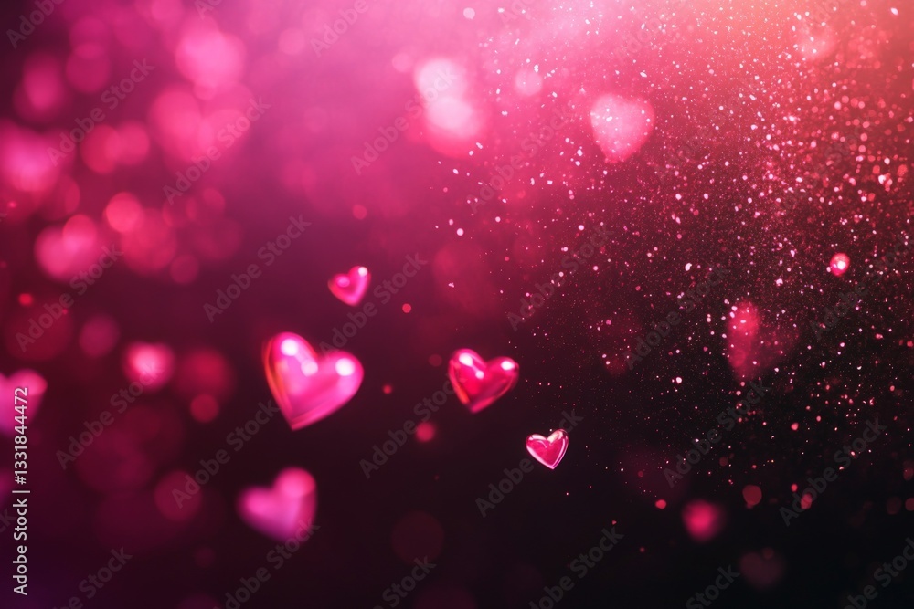 Poster colorful hearts floating through a dreamy pink background with sparkling effects
