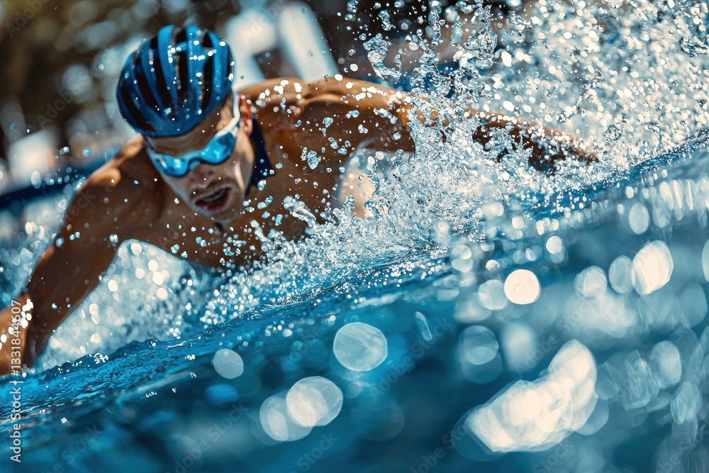Poster dynamic shot of a swimmer in action, slicing through the water with determination, captured with spl