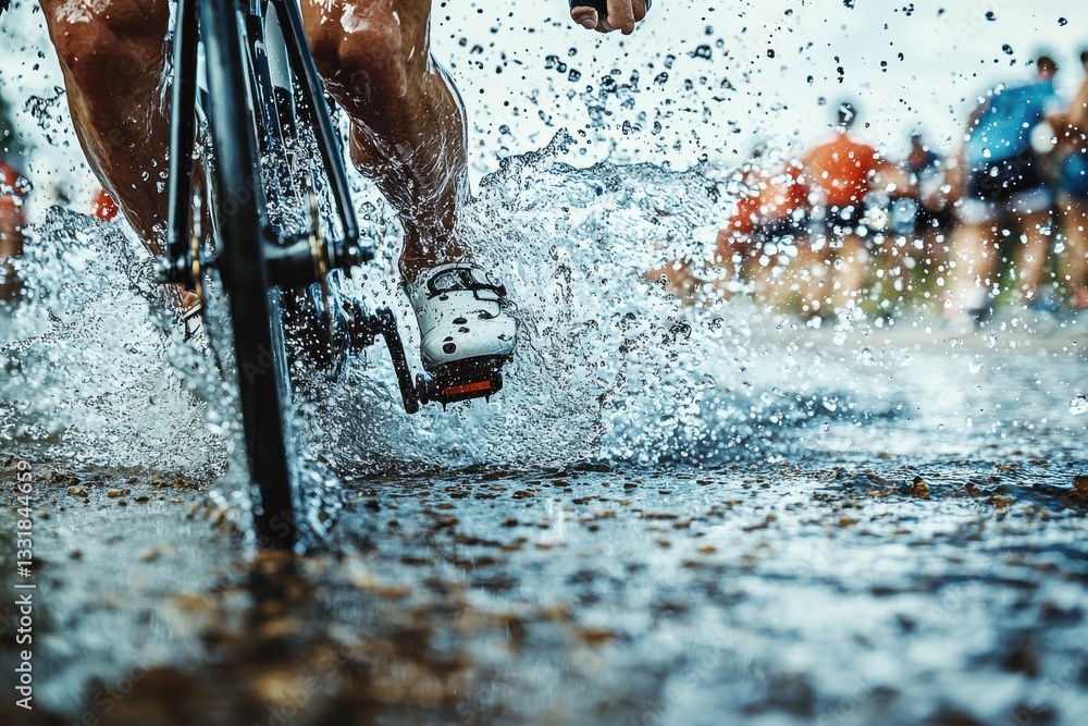 Aufkleber a cyclist aggressively speeding through a flooded path creating a dynamic water splash, showcasing t