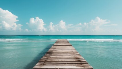 scenic wooden pier extending into calm blue ocean under clear sky - perfect for travel and nature themes.
