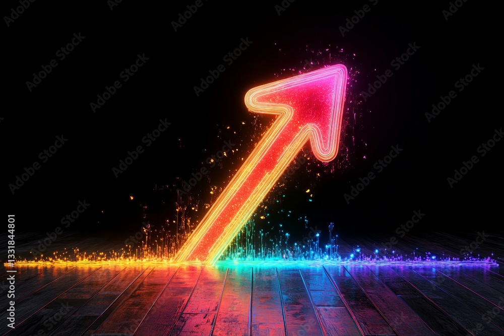 Aufkleber creative glowing arrow pointing upwards on a dark background with colorful light effects
